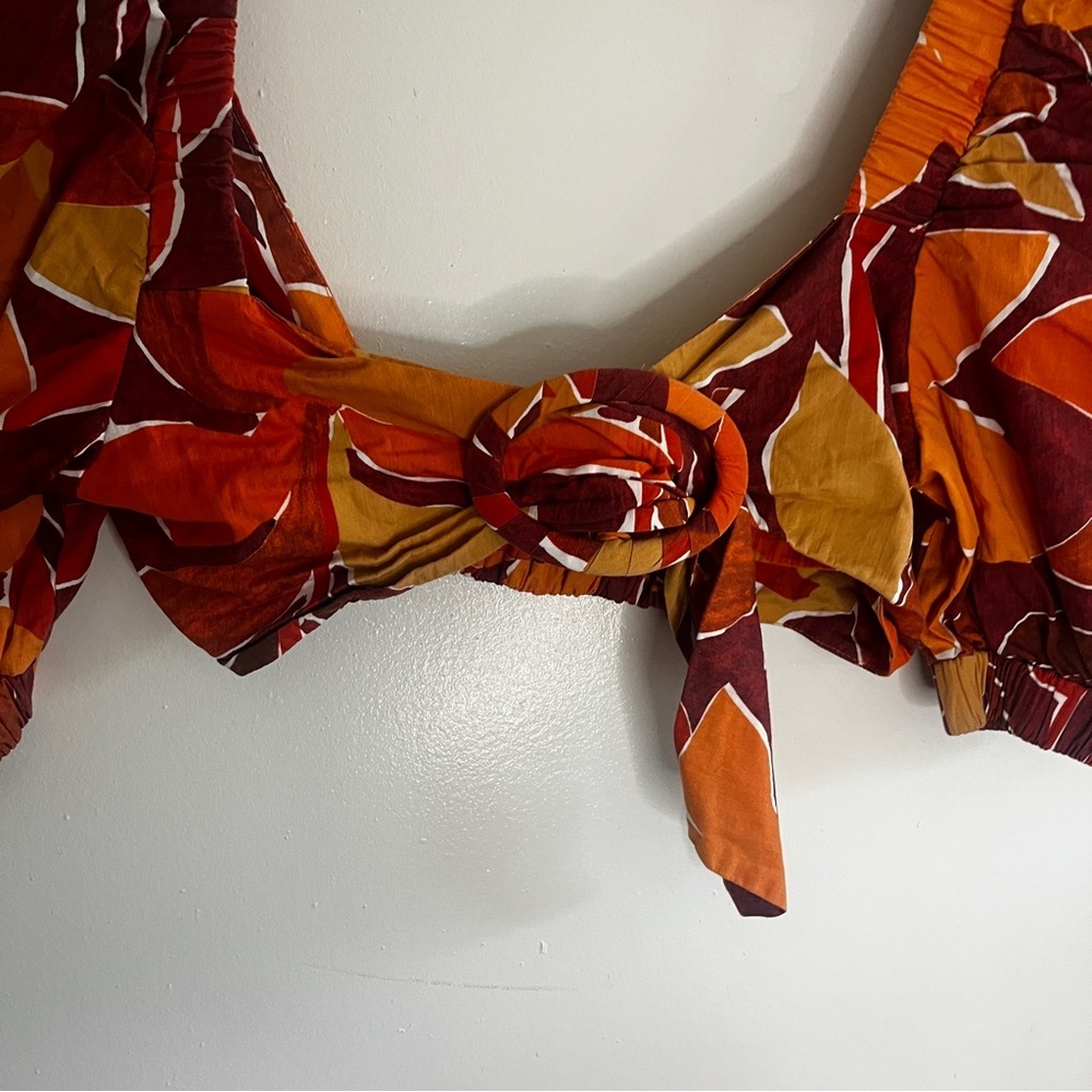 Zara Orange Short Puff Sleeve Tropical Vacation Floral Crop Top Blouse - Picture 4 of 7
